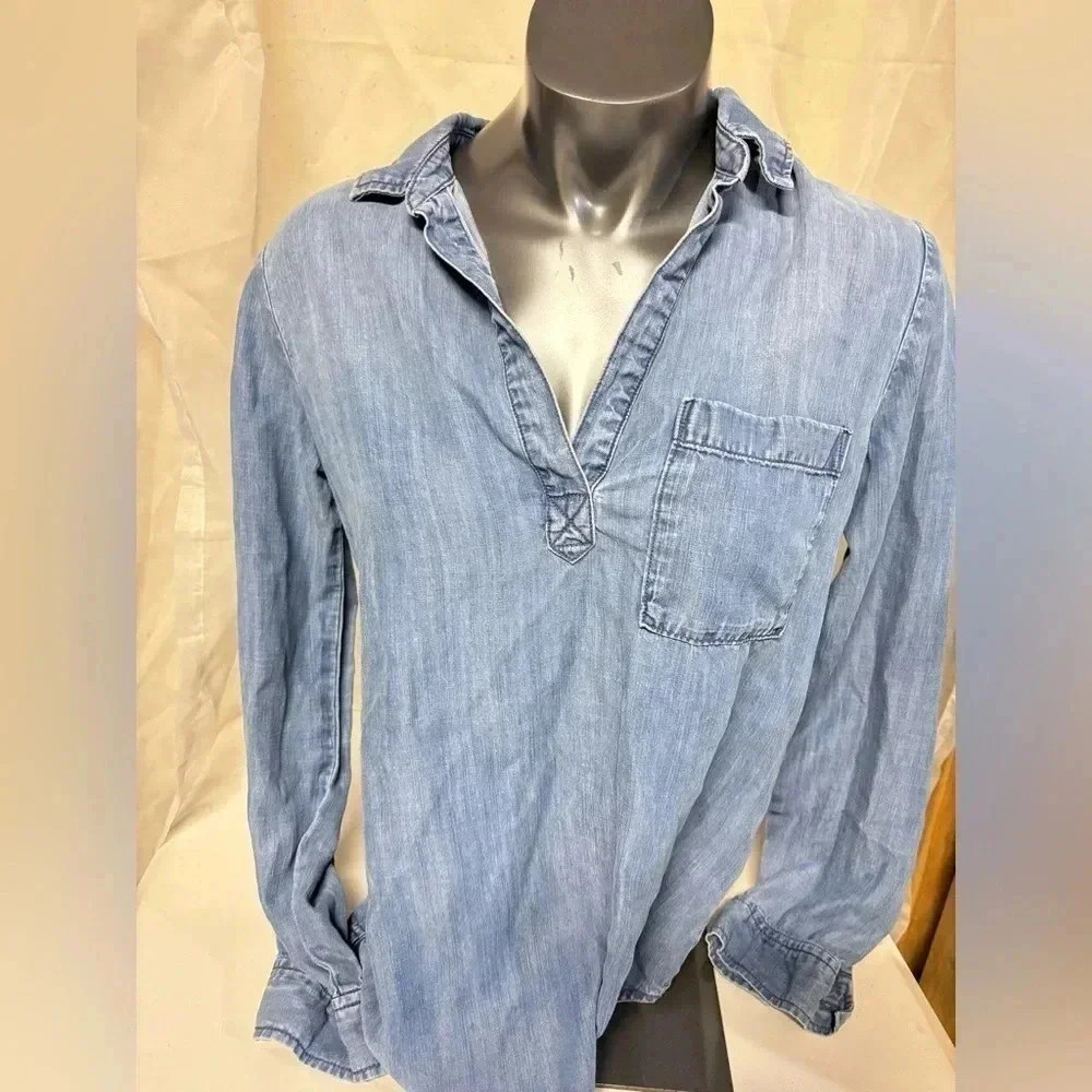Cloth & Stone Denim Chambray Tunic S Oversized Draped Fit One Pocket Blouse